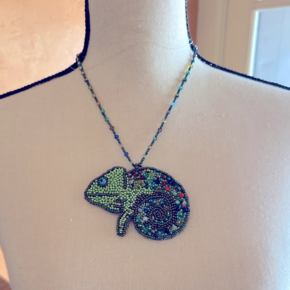 Colorful Chameleon hand threaded Beaded Necklace